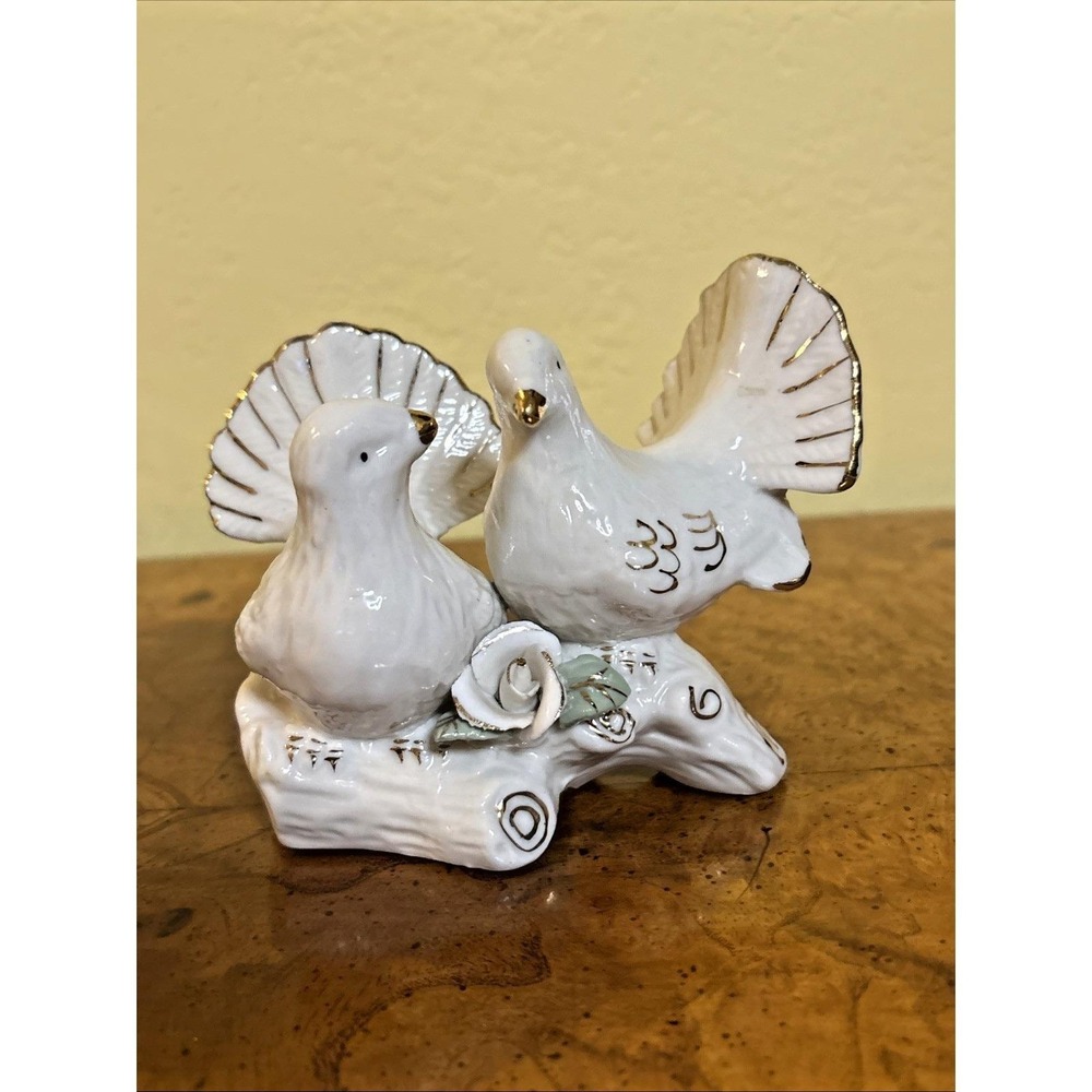 Vintage Love Birds White Doves Porcelain Figurine Gold Trim Cottagecore Decor